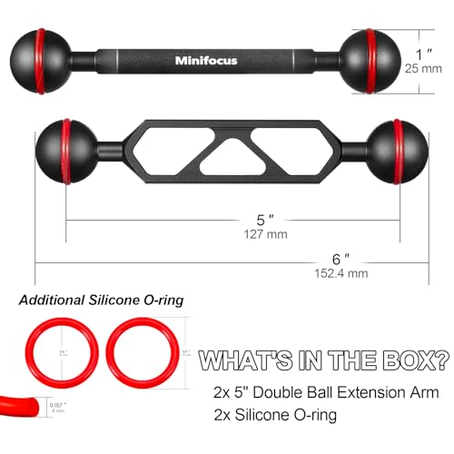 MINIFOCUS 5" Double Ball Aluminum Extension Arm, 1" Ball Head Connector Underwater CNC Arm System Ball Head Extension for Strobe/Video Light/Diving Camera Tray, Waterproof and Rustproof (2pack) 5" Extension Arm