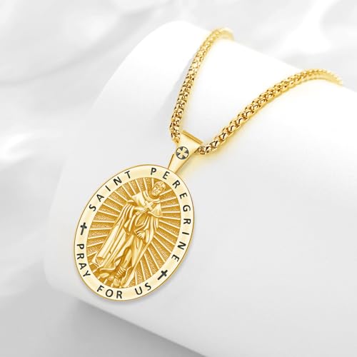 St Peregrine Medal Necklace for Men Women, 925 Sterling Silver St Peregrine Patron Saint Medal Cancer Pendant Amulet Religious Jewelry Gifts Gold St Peregrine-KJ