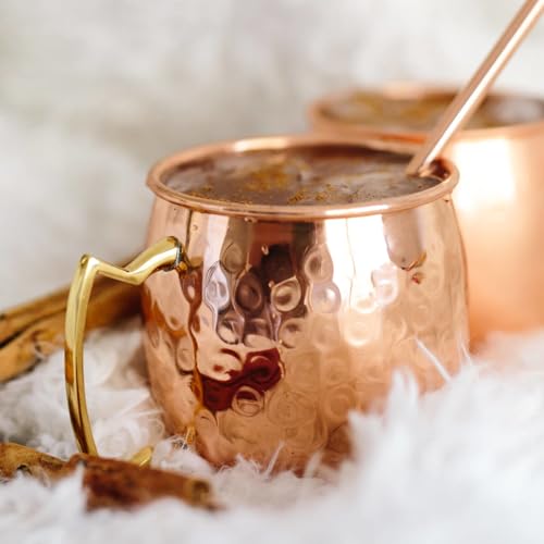 BOLD & DIVINE Moscow Mule Copper Mugs - Set of 4-100% HANDCRAFTED - Food Safe Pure Solid Copper Mugs with Gold & Brass Handle - 16 oz Christmas Gift Set | Perfect for Bars, Parties & Gifts