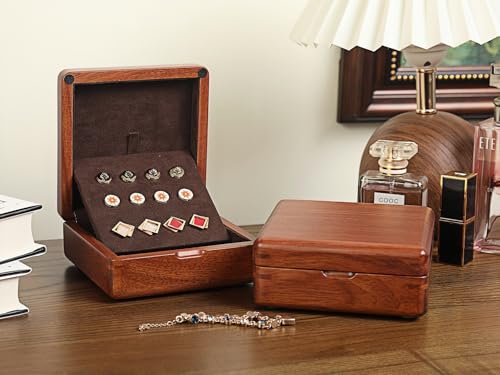 Rosewood Cufflink Organizer Storage Box No-Veneer Solid Wood Craftsmanship Hold 12 Cufflinks Rings Earrings Smooth Surface Soft Coral Fleece Lining Compact for Travel Gift Jewelry Enthusiasts