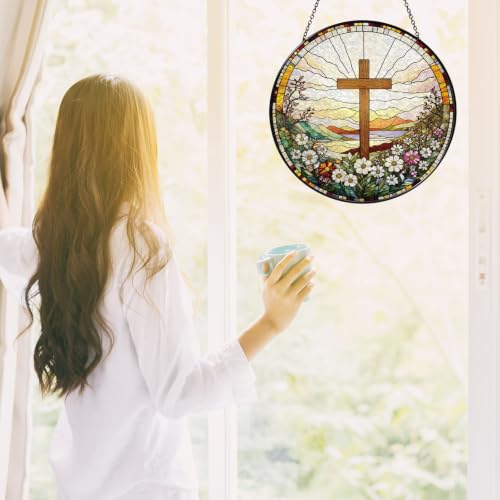 Cross Wildflower Stained Glass Suncatcher for Window, Christian Gift Cross