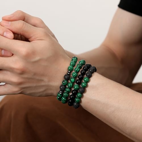 Mens Beaded Bracelets, 8MM Beaded Bracelets for Men, Natural Tiger Eye Bead Bracelet, Stretch Elastic Beads Bracelets for Men 4 volcanic malachite black