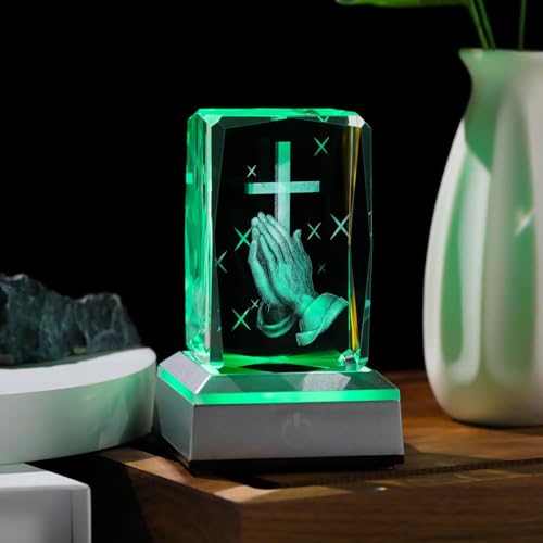 YWHL 3D Crystal Cross Figurine, Praying Hands Religious Gifts for Women Cross in Hand