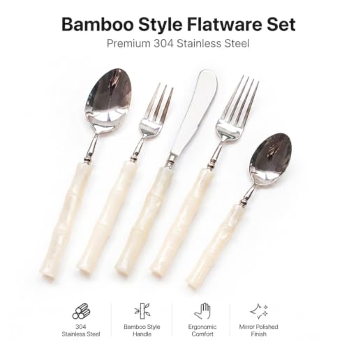 5-Piece White Handle Silverware Set, 304 Stainless Steel Flatware with Knife Fork Spoon Teaspoon Dessert Fork, Mirror Polished Cutlery Elegant Tableware for Home Dining Party Pearl White 5-Piece