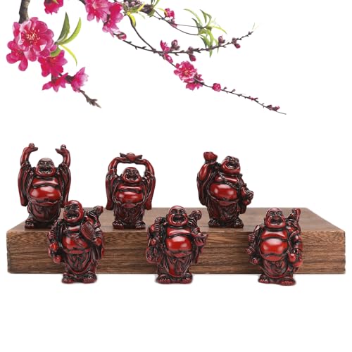 6Pcs 2in Red Resin Laughing Buddha Figurines, Tabletop Lucky Decor 2.5'' Resin Red Set