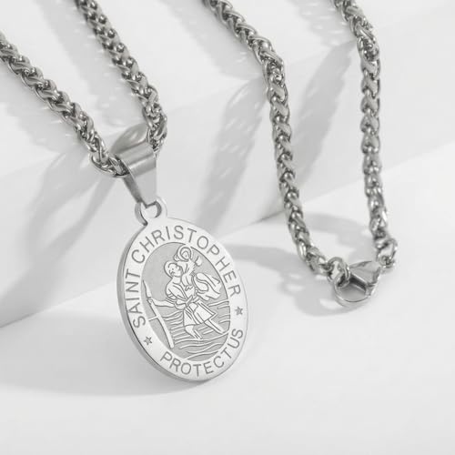 Stainless Steel Oval Virgin Mary Saint Benedict Michael Christopher Benedict Jude Raphael Joseph Pendant Necklace for Men & Women - Catholic Miraculous Medal Sliver Saint Christopher