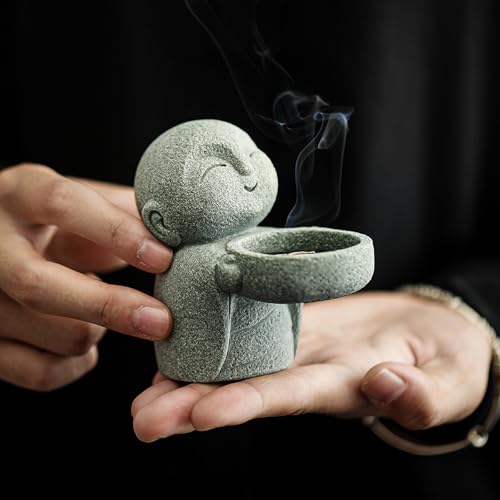 Sandstone Monk Tealight Candle Holder, Zen Desk Decor Gray