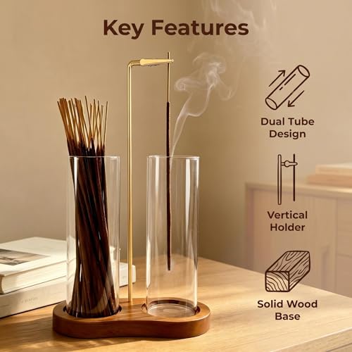 Incense Holder, Hang Upside Down Incense Sticks Burner Holder Storage with Glass Ash Catcher,Ideal Gift (Brown) Brown