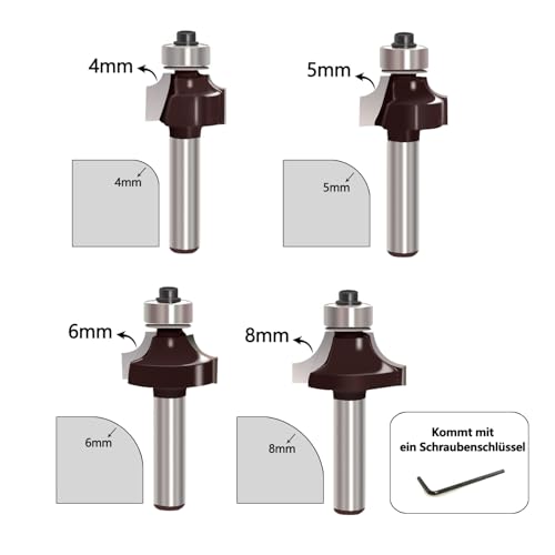 Pack of 4 Rounding Cutter 8 mm Shank, Round Over Cutter Bits, Carbide Radius Cutter with Ball Bearing, Round Cutter, Milling Head for Router 8 mm for Carpentry Chamfering Woodworking Trimming 4-piece rounding cutter