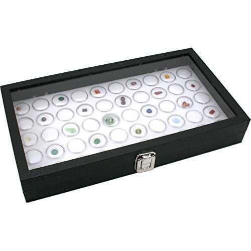 White glass top jewelry display case with 50 gem jars for organizing and showcasing jewelry and gemstones.