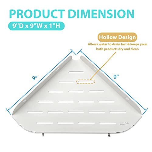 Qeke Corner Shower Shelf, 9" Corner Shower Caddy, SUS304 Stainless Steel Shower Organizer Wall Mount Corner Shelf with 2 Hooks for Bathroom, Dorm and Kitchen, Matte White (2 Pack)