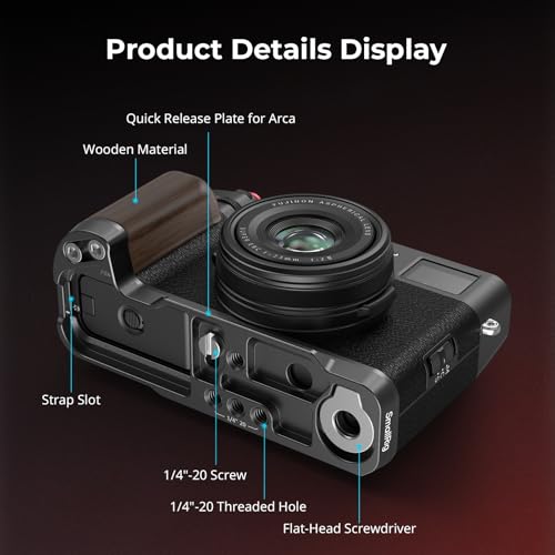 SMALLRIG X100VI / X100V Handgrip, Wooden L-Shape Grip for FUJIFILM X100VI / X100V Camera, Built-in Quick Release Plate for Arca, with Shutter Button and Hot Shoe Cover (Black) 4805 Black