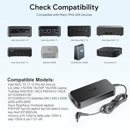 KFD 120W Power Supply 19V 6.32A for GEEKOM IT13 & Intel NUC Mini PC EU Cable | 120 W charger for GEEKOM and Intel NUC Mini PCs, 19 V 6.32 A, 5.5 x 2.5 mm connection, ideal for home and office