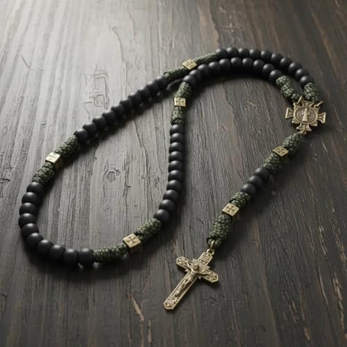 Nazareth Store Antique Bronze Metal Rugged Durable Paracord Rosary Necklace Black Matte Prayer Beads with Saint Medal and Crucifix St benedict & St benedict cross