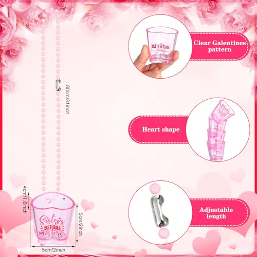 FoldTier 24 Set Galentine's Day Shot Glass on Beaded Necklace Pink Heart Shaped Shot Glasses Cute Plastic Galentines Gang Cups Necklaces Set for Bachelorette Valentines Wedding Party Favors