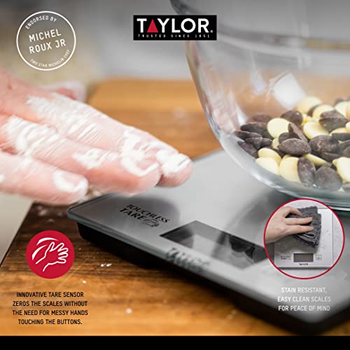 Taylor Pro Digital Cooking Scales with Touchless Tare, For Dry & Liquid Weighing, Gift Boxed, Silver, 5kg / 5000ml Capacity