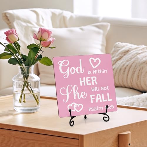 Christian Gifts Inspirational Bible Verse Pink Desk Decor Inspirational Religious Gifts Christian Spiritual Room Decor for Family Friends Funny Bible Verse Wooden Sign for Home Office Decoration Shelf