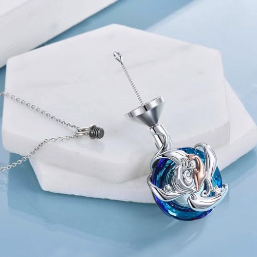 KINGWHYTE Dolphin Urn Necklace 925 Sterling Silver Crystal Ashes Necklace Urn Necklace for Ashes Crystal Cremation Keepsake Jewellery Ash Dolphin Gifts for Women Girls