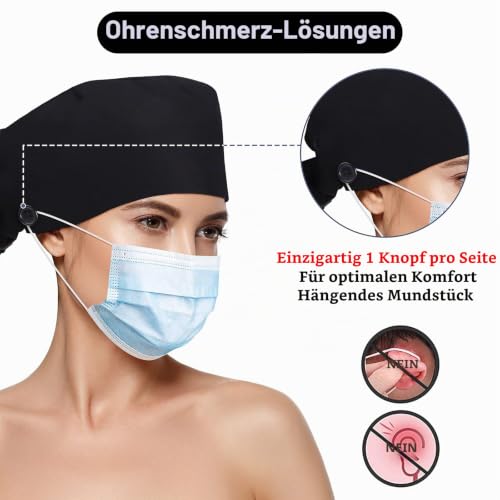 Surgical Cap Fabric Black Cotton Scrub Hat Surgical Cap Nurse Hat Surgical Hat Adjustable Work Hat with Button Sweatband Ponytail Pocket Hat Lace-up Hat for Women