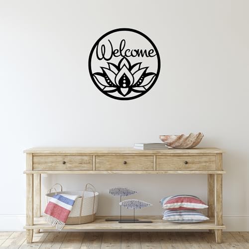 Welcome Lotus Metal Wall Hanging – Handmade Spiritual Boho Wall Decor for Entryway, Living Room, or Meditation Space, Handmade Boho Spiritual Yoga Wall Hanging (12") 12"