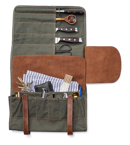 Angus Stoke XXL knife bag with 16 slots & plenty of space - multifunctional bag & tool bag made of canvas & leather - knives roll bag for chefs Marc (Olive-green) Olive-green