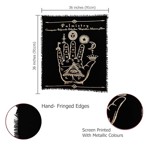 Indian Consigners Palmistry & Zodiac Altar Cloth, Sun Sign Astrology Tarot Reading Mat with Celestial Palm Hand Design, Tablecloth for Tarot Cards, Spiritual Rituals, Meditation & Home Decor
