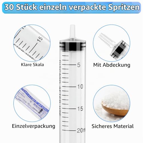 Pack of 30 Syringes 20 ml Individually Packed Disposable Syringes | 20 ml plastic syringe with lid for animal feeding, plant irrigation, laboratory, DIY, dispensing, Halloween, fancy dress