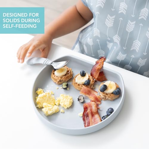 Bumkins - Silicone Grip Plate, Fork & Spoon & Lid - For Ages 18 Months+ - Suction Base - 100% Food-Safe Silicone - Oven, Microwave, Freezer, & Dishwasher Safe - Gray