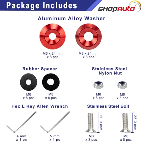 Red aluminum tapered washers, 24mm OD, M6 and M8, 16-piece flat washer set by Shopauto