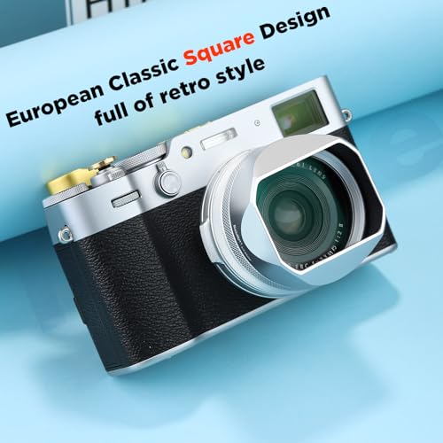 Haoge LH-X54W Square Metal Lens Hood with 49mm Adapter Ring for Fujifilm X100VI Fuji X100V Camera Silver