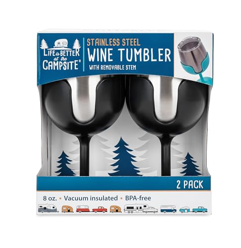 Camco Life is Better at The Campsite Wine Tumbler | Heavy Duty Double Wall Vacuum Insulation | Crafted of 18/8 Stainless Steel | Features Removable Black Stems | 2-Pk, 8-oz/Each (53485)