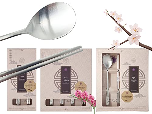 [2 Sets] [Made in Korea] Orchid Design Korean Style Sticky Rice Spoon Chopsticks Set 304 Stainless Steel Soup Spoon Ramen Chopsticks Flatware (2 Sets) 2