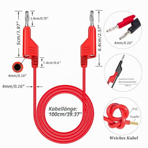 Stackable Banana to Banana Plug Test Lead 1m Red Black | Pack of 2, soft electric test cable wire, 3.3 ft, for multimeter, 1000 V 15 A 3,3ft/1m