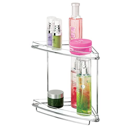 mDesign Steel/Plastic Freestanding Countertop Corner Shelf Organizer with 2-Tier Storage for Bathroom, Vanity, Cabinet, Counter - Holds Makeup, Bath Gel - Prism Collection - Clear Pack of 1