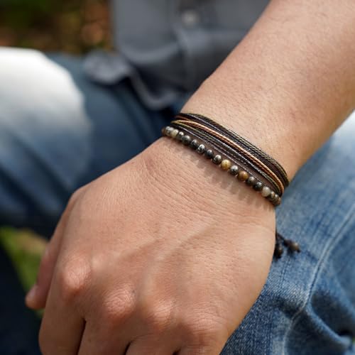 Mezcla Vida Natural Stone Beaded Bracelets for Men Women Unisex Adjustable Waterproof Rope Bracelets Set Valentine's Day Birthday Gifts for Boyfriend Husband Him pyrite associated with brown quartz ore