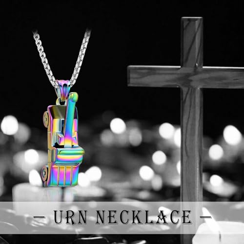 Crane Cremation Jewelry for Ashes Engineering Vehicle Memorial Urns Necklaces Pendant Stainless Steel Memorial locket Keepsakes Human Ash Pendant Jewelry for Men Women Rainbow