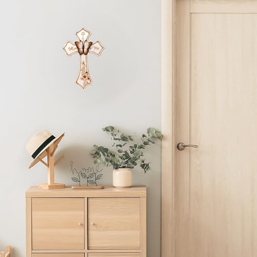 Elegant White Cross with Butterfly and Floral Design - Resin Wall Art Panel