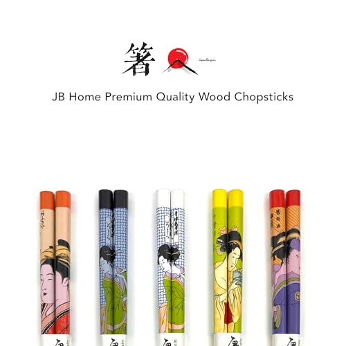 JapanBargain, 10 Pack 5-Pair Bamboo Chopsticks Set, Japanese Geisha Design, 5 Colors, Reusable Wooden Chop Sticks, Dishwasher Safe, 9 Inch, Eco-Friendly Utensils for Sushi Ramen Noodles Bento