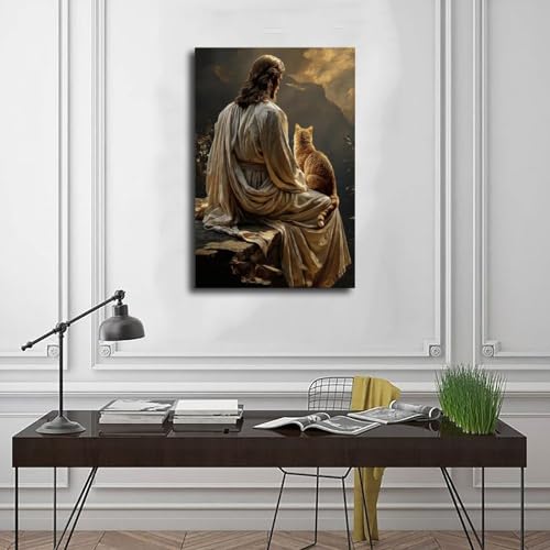 Jesus and Cat Wall Art Poster Unframed Christian Religious Home Decor Spiritual Painting for Cat Lovers Bedroom Living Room 12x18Inch 12"L x 18"W