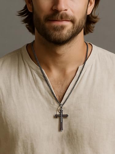 NORBU Wooden Cross Necklace for Men, Black Natural Wood Cross Pendant Grey black Style D
