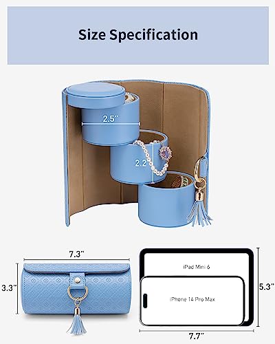 VLANDO Travel Jewelry Organizer, 3 Tier Roll Up Design, Hard Shell Storage Blue