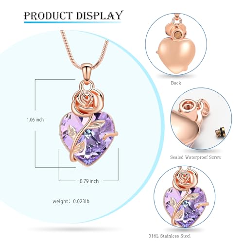 Hearbeingt Rose Crystal Heart Urn Necklace for Ashes Cremation Jewelry Rosegold-purple stone