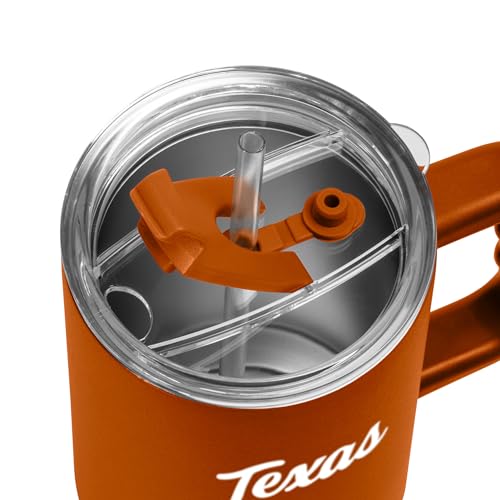 Logo Brands NCAA 40 oz Tumbler with Handle -Stainless Steel Insulated Travel Tumbler with Straw Lid – Powder Coated, Leak-Resistant, Keeps Drinks Hot/Cold – Great for Tailgating, or Everyday Use Texas Longhorns