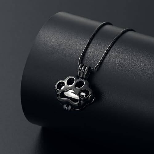 Pet Cremation Jewelry for Ashes for Dog Cat Paw Print Memorial Locket Urn Necklace with Mini Case Keepsake Cremation Jewelry for Women/Men Black-silvery