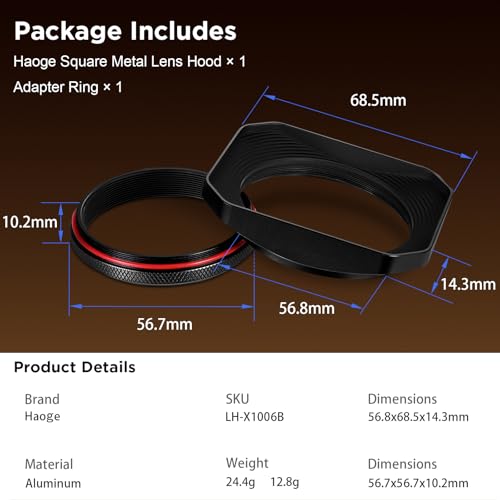Haoge Square Metal Lens Hood with 49mm Uv Filter Adapter Ring for Fujifilm X100VI Fuji X100V X100F X100T X100S X70 Fuji Photo Camera Accessories LH-X1006B Black