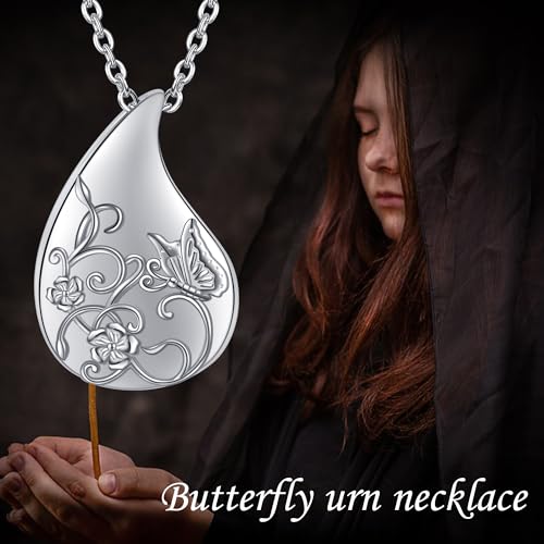 Teardrop Urn Necklace 925 Sterling Silver Butterfly Urn Necklace for Ashes Cremation Jewelry for Women