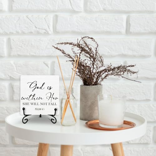 Christian Gifts, God is within Her Psalm 46 : 5 Wooden Plaque Sign with Bible Verse, Bible Verse Wood Sign Religious Gift Desk Decorations For Office Home,Wooden Plaque With Stand 5 x 5 inch -A08