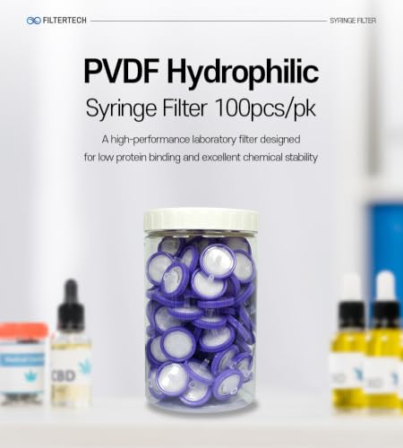 FILTER TECH 25mm PVDF hydrophilic syringe filter, 0.22um, 100 pack