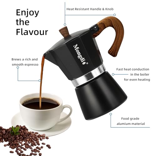 Mongdio Stovetop Espresso Maker Moka Pot, Cuban Coffee Maker Stove top coffee maker Moka Italian Espresso Greca Coffee Maker Brewer Percolator, 6 Espresso Cups, 10 oz - Black 6 cup