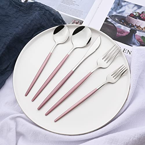 Silverware Set – 20 Piece Family Dinnerware Set – Flatware Set Service For 4 – Pink Silver Tableware Sets – Cutlery Great For Family Gatherings & Daily Use – Spoons, Knives, Forks Service 4